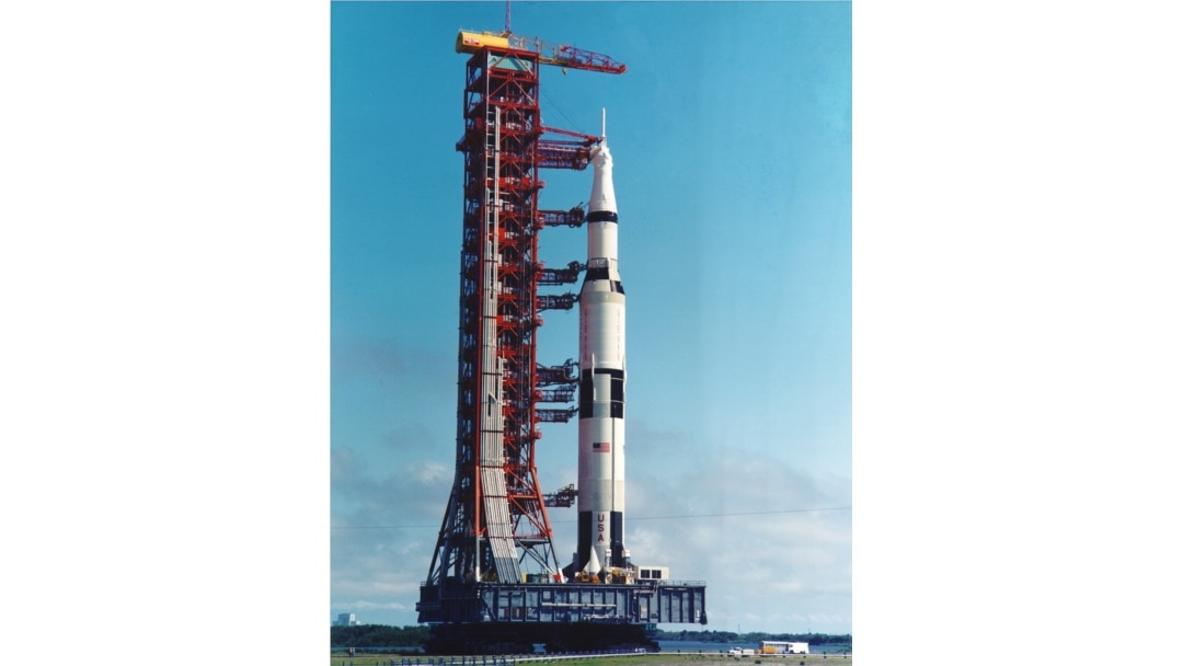 The Apollo 11 Saturn V rocket is being moved to the pad aboard the Mobile Launch Platform (MLP) at Cape Canaveral May, 1969.