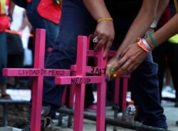 Women place pink crosses at a makeshift monument against femicide with names of the states of Mexico, during a protest against femicide and violence against women, in Mexico City, March 24, 2019.