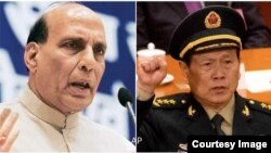 အိန္ဒိယ ကာကွယ်ရေးဝန်ကြီး Rajnath Singh (ဝဲ) နဲ့ တရုတ်ဗိုလ်ချုပ်ကြီး Wei Fenghe.