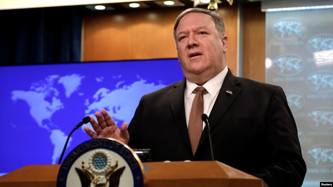 U.S. Secretary of State Mike Pompeo speaks during a briefing at the State Department in Washington, April 8, 2019. 