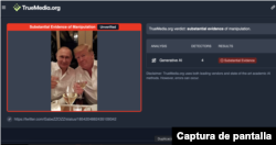 Captura de pantalla del análisis en TrueMedia.org a un enlace de X que contiene la foto manipulada de Trump y Putin.