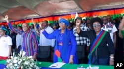 Namibia's vice president Netumbo Nandi-Ndaitwah, center, of the ruling South West Africa People's Organization, (SWAPO) attends an election rally in Windhoek, Namibia, Nov. 24, 2024, ahead of elections Nov. 27, 2024. 