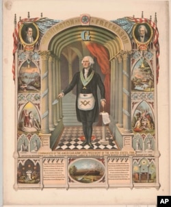 FILE - An 1870 image provided by the Library of Congress titled "Washington as a Freemason, Commander of the American Army, 1775, President of the United States, 1789." Rumors said Washington and Freemasons were part of a Satanic conspiracy bent on ruling the world.