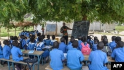 FILE - A teacher conducts his class under a tree in the village of Moho, Cameroon, Sept. 16, 2016. Thousands of teachers and other workers across Cameroon observed International Labor Day, on May 1, 2024, by protesting poor working conditions and low pay.