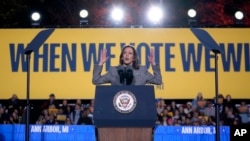 Democratic presidential nominee Vice President Kamala Harris speaks at a campaign event at Burns Park in Ann Arbor, Michigan, Oct. 28, 2024.