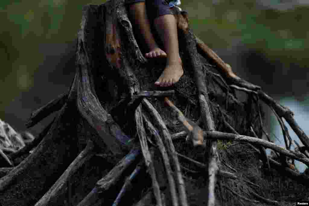 La foto muestra los pies de una niña indígena de la tribu Parintintin, mientras permenecía sentada en el tronco de un árbol cortado en la aldea de Traira, cerca de Humaita, estado de Amazonas, Brasil, el 16 de agosto de 2019.