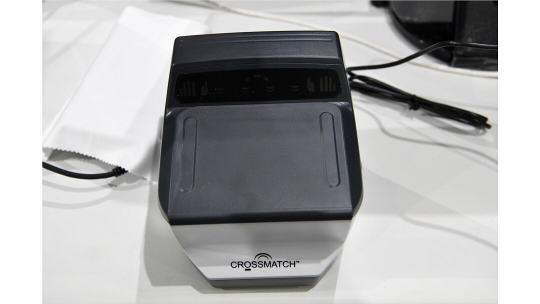 A fingerprint scanner is seen during a tour of U.S. Customs and Border Protection temporary facilities in Donna, Texas, May 2, 2019.