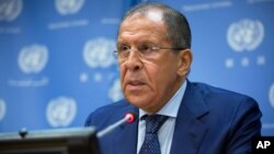 FILE - Russian Foreign Minister Sergei Lavrov speaks at U.N. headquarters, Oct. 1, 2015.