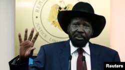 South Sudan's President Salva Kiir gestures during a news conference in Juba, Dec. 18, 2013. 