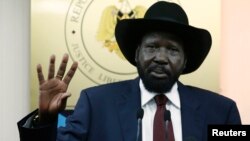 Presiden Sudan Selatan Salva Kiir dalam sebuah konferensi pers di Juba, Rabu (18/12).