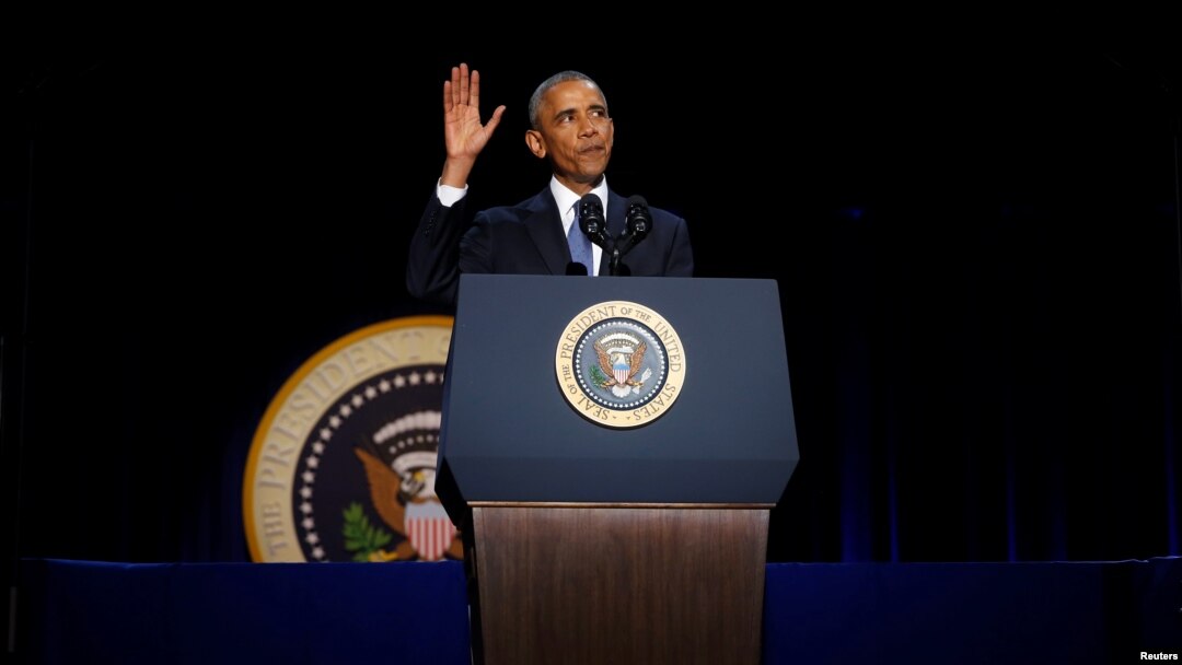 Presiden AS, Barack Obama, mengakhiri pidato perpisahannya (10/1). Chicago, Illinois. (foto: REUTERS/Jonathan Ernst)