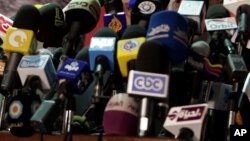 FILE - Vice president of Freedom Justice Party, the political branch of the Muslim Brotherhood, speaks at a press conference in Cairo, Egypt, May 25, 2012. Egyptian prosecutors ordered Hossam Bahgat be detained for four days in connection with charges of spreading false information that harms the country's national security.