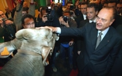 FILE - In this photo taken on Feb. 28, 2004 French President Jacques Chirac (R) pets a cow as Agriculture Minister Herve Gaymard (2ndR) looks on during the inauguration of the 41st International Agriculture Fair in Paris.