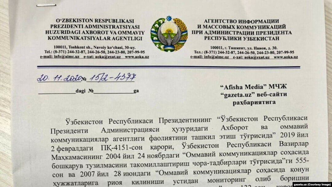 AOKA "Gazeta.uz" nashriga jo'natgan ogohlantirish xati