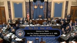 In this image from video, the 53-47 vote on the motion to table an amendment during the impeachment trial against President Donald Trump in the Senate at the U.S. Capitol in Washington, Jan. 31, 2020. (Credit: Senate Television)