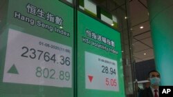 A man wearing a face mask walks past a bank electronic board showing the Hong Kong share index at Hong Kong Stock Exchange, June 1, 2020. 