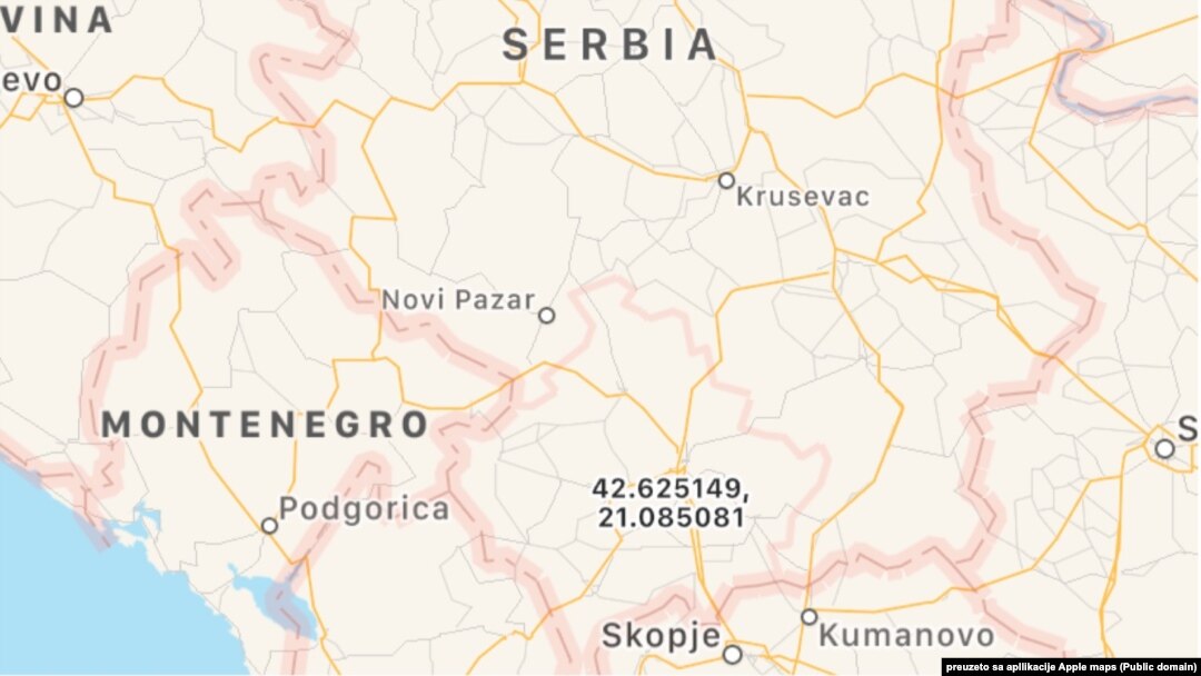 Epl mapa na kojoj je Kosovo predstavljeno kao deo Srbije (Foto: Apple maps)