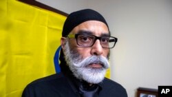 FILE - Sikh separatist leader Gurpatwant Singh Pannun is pictured in his office on Nov. 29, 2023, in New York. U.S. authorities accused an Indian government official of directing a plot to assassinate Pannun in the United States.