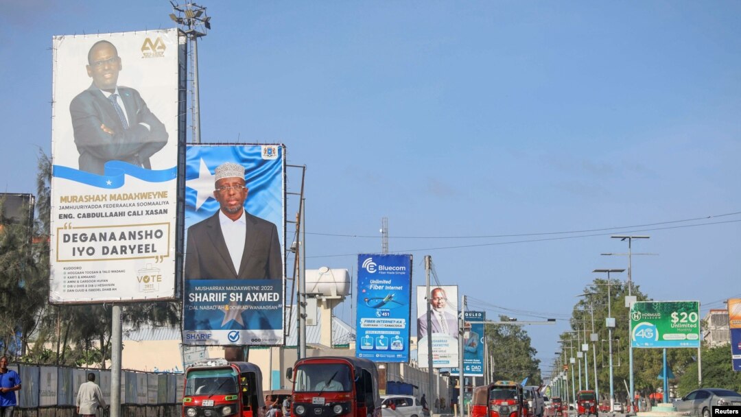 Election banners of Somali presidential candidates are seen along a street in Mogadishu