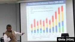 Kepala Pusat Data Infomasi dan Hubungan Masyarakat BNPB Agus Wibowo dalam konferensi pers usai Rapat Koordinasi Penanganan Darurat, Bencana Banjir Bandang, Tanah Longsor dan Angin Puting Beliung di Graha BNPB, Jakarta, Selasa, 17 Desember 2019. (Foto: VOA/Ghita)