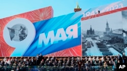 Russian President Vladimir Putin delivers his speech during the Victory Day military parade marking the 78th anniversary of the end of World War II in Red square in Moscow, Russia, Monday, May 9, 2023.