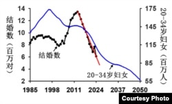 中国历年结婚数、20-34岁妇女人数(易富贤提供)