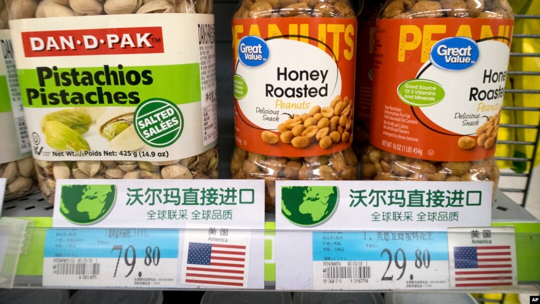 Imported nuts from the United States are displayed at a supermarket in Beijing, March 23, 2018. China announced a $3 billion list of U.S. goods including pork, apples and steel pipe.