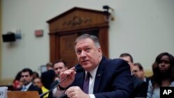 Secretary of State Mike Pompeo testifies during a House Foreign Affairs Committee hearing on Capitol Hill in Washington, Feb. 28, 2020, about the Trump administration's policies on Iran, Iraq and the use of force. 
