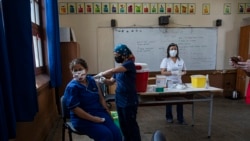 FILE - In this Monday, Feb. 15, 2021, file photo, a teacher receives a shot of the CoronaVac vaccine for COVID-19, by China's Sinovac Biotech, at Salvador Sanfuentes public school during the start of the vaccinations for educators in Santiago, Chile. (AP 