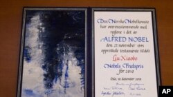 The Nobel diploma is pictured in Oslo during the ceremony for the Nobel Laureate and dissident Liu Xiaobo at the city hall in Oslo, on Dec. 10, 2010.