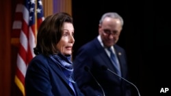 House Speaker Nancy Pelosi of Calif., speaks with reporters alongside Senate Minority Leader Sen. Chuck Schumer of N.Y. after the Senate approved a nearly $500 billion coronavirus aid bill, April 21, 2020, on Capitol Hill in Washington. 