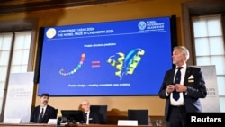 Johan Aqvist, član Nobelovog komiteta za hemiju, objašnjava rad dobitnika Nobelove nagrade za hemiju 2024. Davida Bakera, Demisa Hassabisa i Johna M. Jumpera, u Stokholmu, 9. oktobra 2024. (TT News Agency/Christine Olsson preko Reutersa)