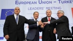 Bulgaria's Prime Minister Boyko Borissov, European Council President Donald Tusk, Turkish President Tayyip Erdogan and European Commission President Jean-Claude Juncker pose following a news conference at Euxinograd residence near Varna, Bulgaria, March 2