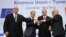 Bulgaria's Prime Minister Boyko Borissov, European Council President Donald Tusk, Turkish President Tayyip Erdogan and European Commission President Jean-Claude Juncker pose following a news conference at Euxinograd residence near Varna, Bulgaria, March 2