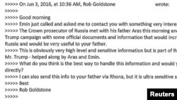 Part of an email conversation between Donald Trump Jr. and publicist Rob Goldstone is seen in a Twitter message posted by Trump Jr., July 11, 2017.