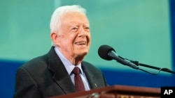 Former President Jimmy Carter answers questions submitted by students during an annual Carter Town Hall held at Emory University, Sept. 18, 2019, in Atlanta.