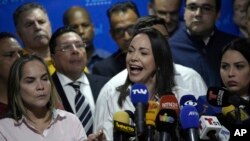 María Corina Machado, aspirante presidencial opositora venezolana durante una conferencia de prensa. 