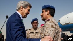 U.S. Secretary of State John Kerry says goodbye to Saudi Arabian military personnel as he leaves Riyadh, Saudi Arabia. (File)