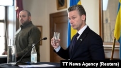 Swedish Defense Minister Pal Jonson holds a press conference with Ukraine's Defense Minister Rustem Umerov at Karlberg Palace in Stockholm, Sweden, Nov. 22, 2024.