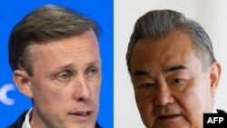 (COMBO) This combination of pictures created on January 25, 2024 shows US National Security Advisor Jake Sullivan in Davos, on January 16, 2024 andina's Foreign Minister Wang Yi in Brasilia on January 19, 2024.
