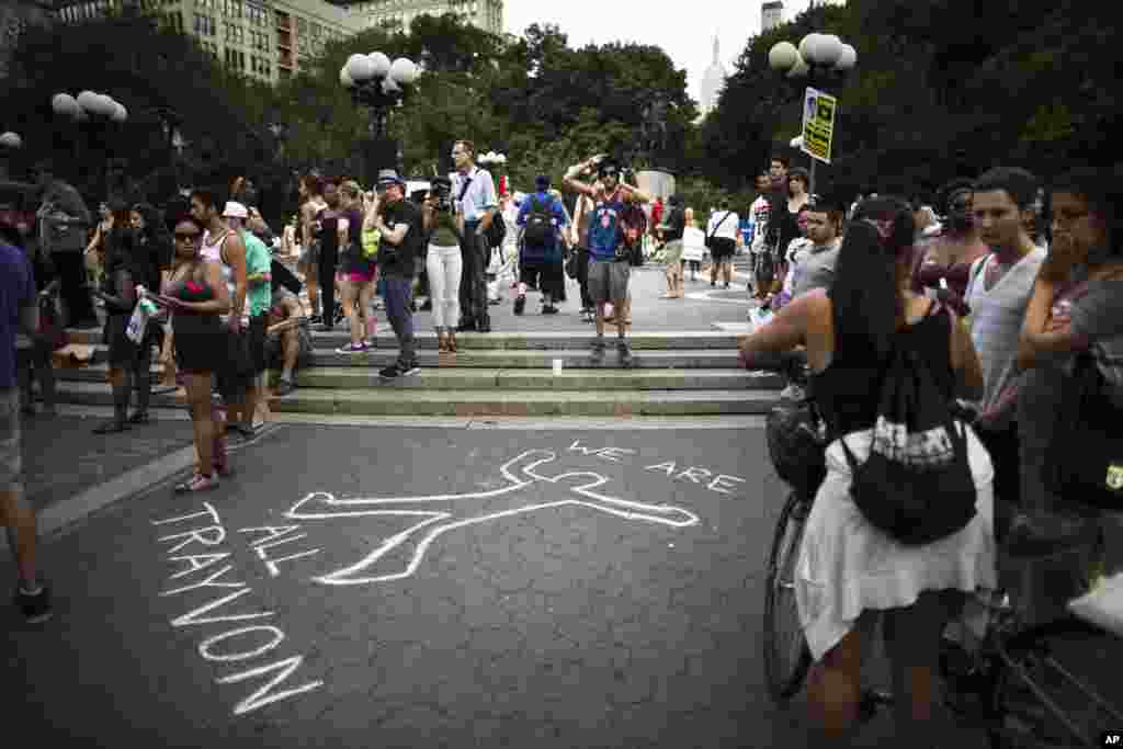 Protesters converge on Union Square for a protest against the acquittal of George Zimmerman, New York, July 14, 2013.
