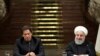 President Hassan Rouhani, right, and Pakistani Prime Minister Imran Khan, attend a joint press briefing, after their meeting at the Saadabad Palace in Tehran, Iran, Monday, April 22, 2019. (Iranian Presidency Office via AP)
