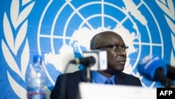 FILE - Adama Dieng, the U.N. Secretary-General's Special Adviser for the Prevention of Genocide, speaks at a press conference in Bangui, Central African Republic, Oct. 11, 2017. Dieng stresses the need to educate South Sudanese citizens on the mandate of the 12,000-member UNMISS force deployed in their country.