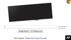 Google posts black bar over its colorful logo in protest of anti-piracy laws under consideration in U.S. Congress, January 18, 2011