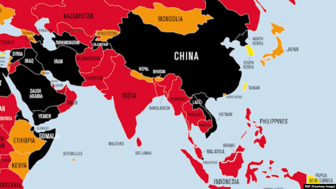 Bản đồ Chỉ số Tự do Báo chí Thế giới 2021 của Tổ chức Phóng viên Không Biên giới (RSF) cho thấy Việt Nam trong nhóm các nước màu đen vì có môi trường "rất tồi tệ" đối với tự do báo chí.