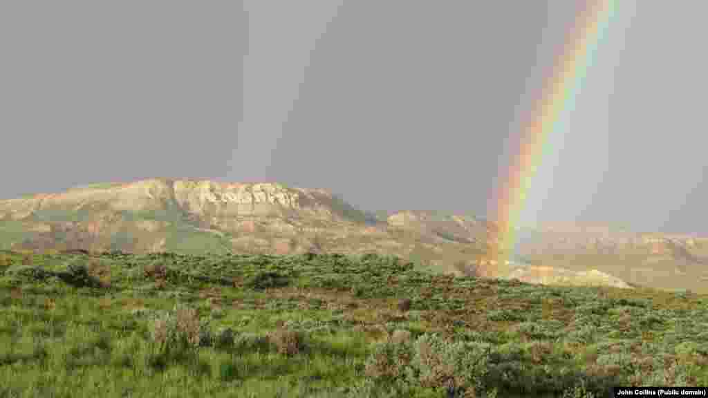 John Collins shot this photo of a rare double rainbow over Fossil Butte National Monument in Wyoming.