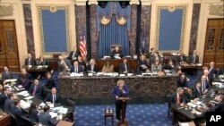 House impeachment manager Rep. Zoe Lofgren, D-Calif., speaks during closing arguments in the impeachment trial against President Donald Trump in the Senate at the U.S. Capitol in Washington, Feb. 3, 2020, in this image from video.