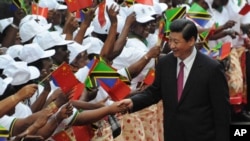 Chinese President Xi Jinping (R) shakes hand with traditional dancers upon his arrival at Julius Nyerere International airport in Dar es Salaam, Tanzania, March 24, 2013.