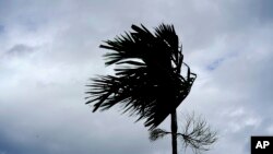 A man stands on a store's roof as he works to prepare it for the arrival of Hurricane Dorian in Freeport on Grand Bahama, Bahamas, Sunday, Sept. 1, 2019. 