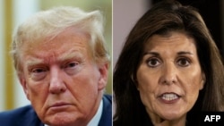 FILE - This set of pictures created on January 21, 2024 shows former US President Donald Trump at a civil fraud trial, in New York City on December 7, 2023 and Republican presidential hopeful Nikki Haley in Cedar Rapids, Iowa, on January 11, 2024.
